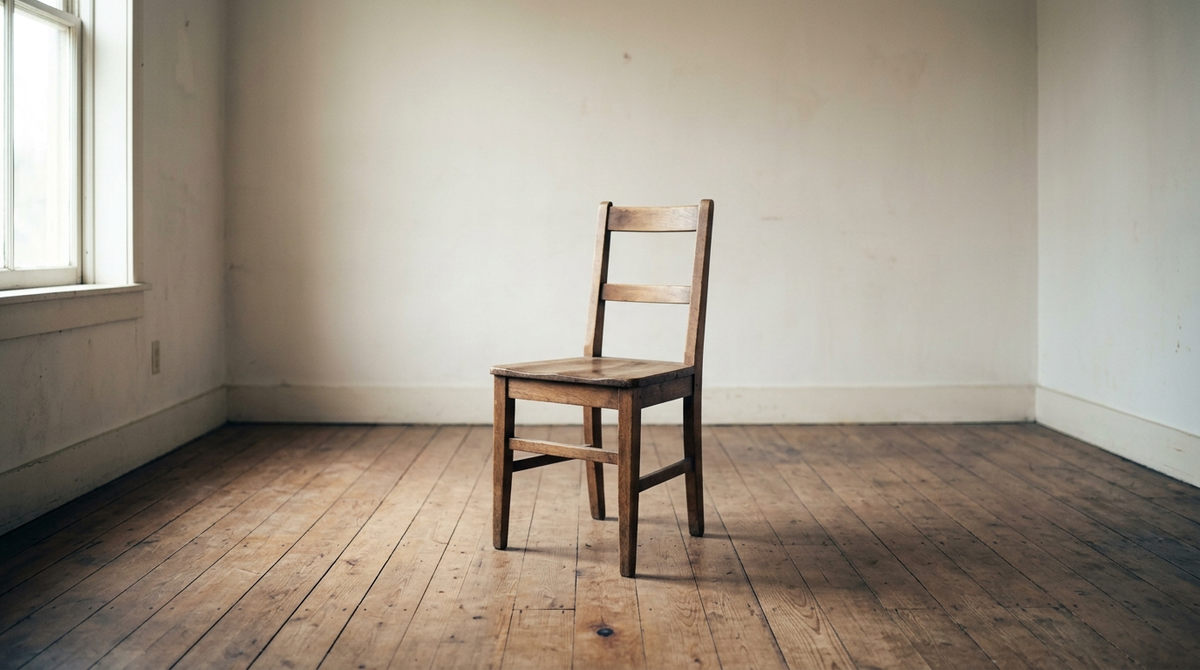 A single empty wooden chair in a plain room with daylight across the seat