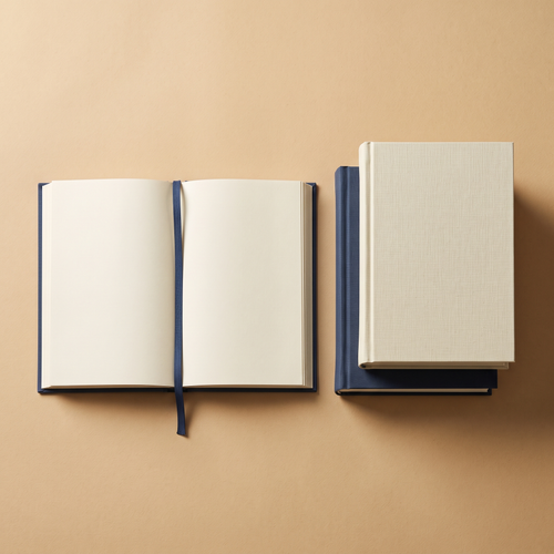 A stack of plain books, one open, on a sand-colored surface