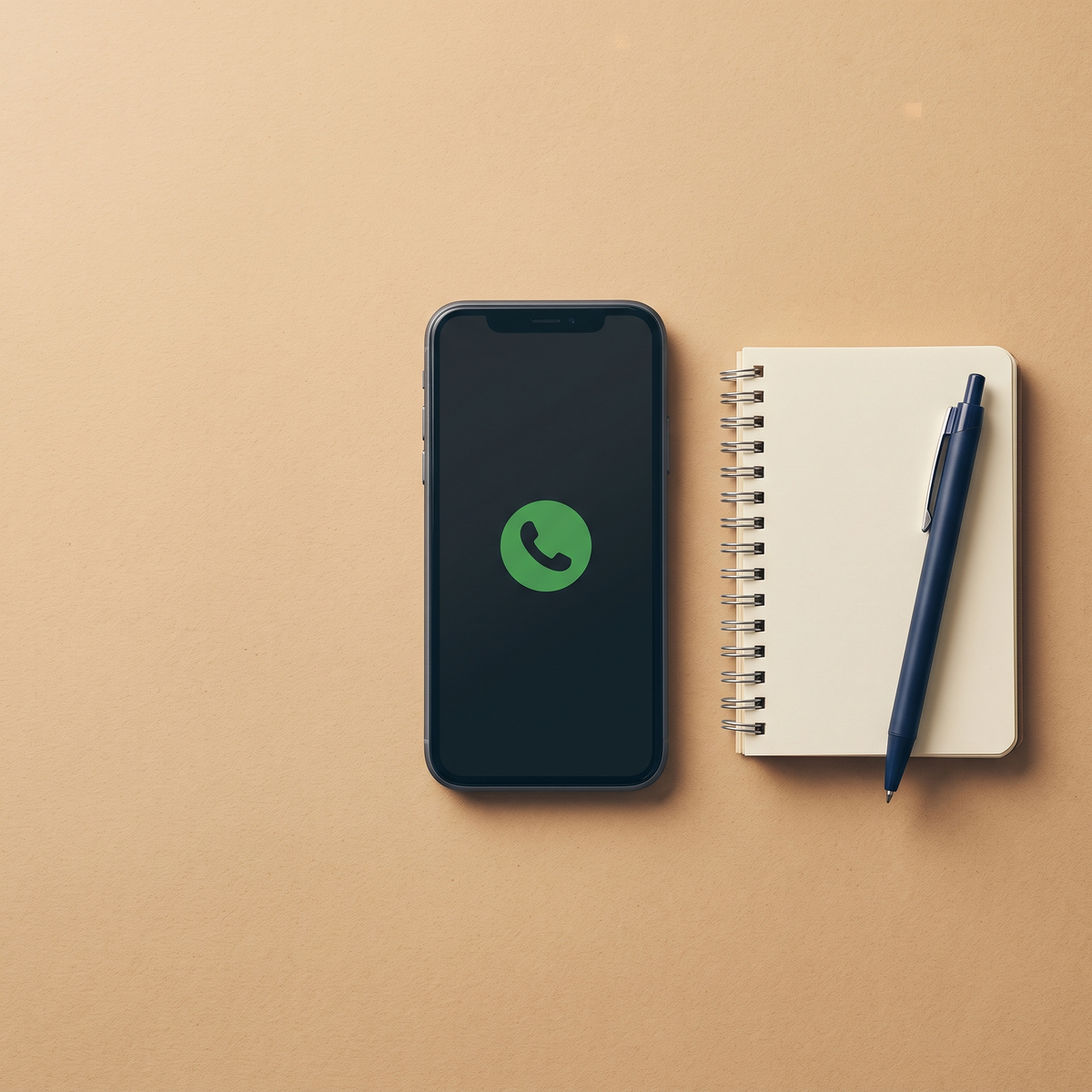 A phone and a notepad on a sand-colored surface