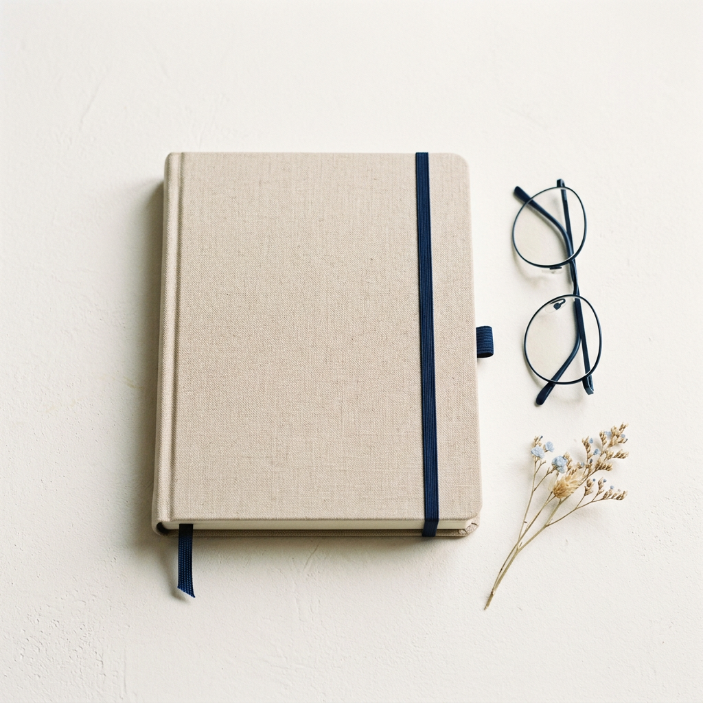 A sand-coloured linen journal resting on a warm white surface in soft window light