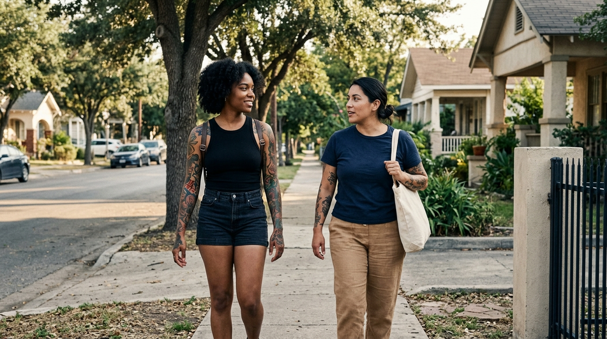 Two women walking and talking together on a sunlit sidewalk