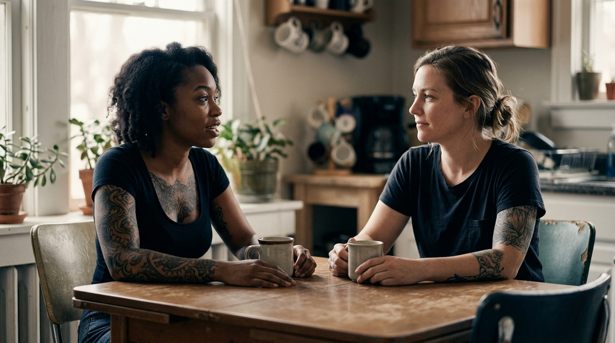 Two women talking over coffee at a kitchen table in morning light