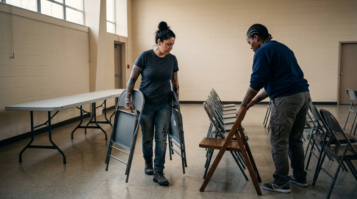Two women setting up chairs in a church hall before an event