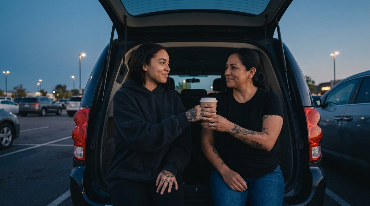 Two women sitting on the tailgate of a van at dusk, one handing the other a cup of coffee