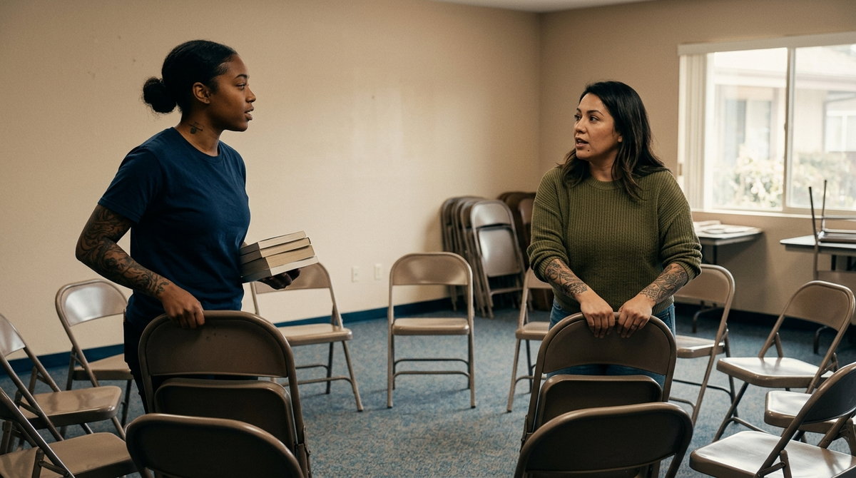Two women arranging chairs into a circle in a meeting room, one holding a stack of books