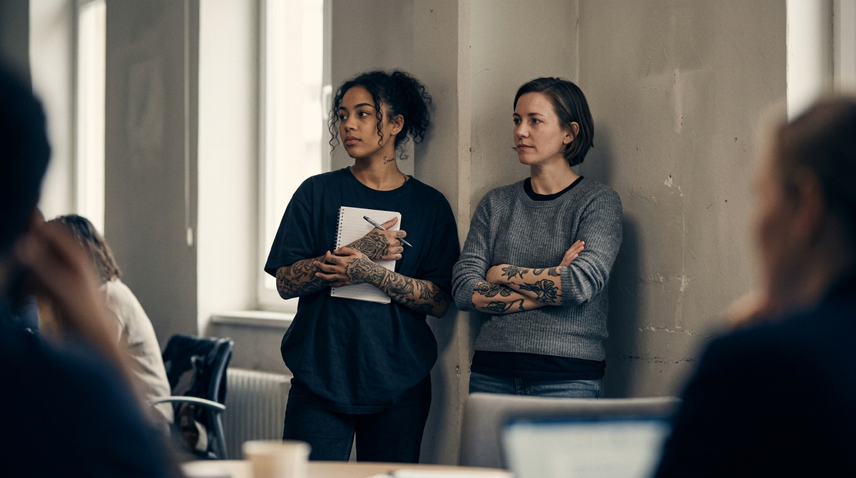 Two women standing at the back of a meeting room, watching a talk
