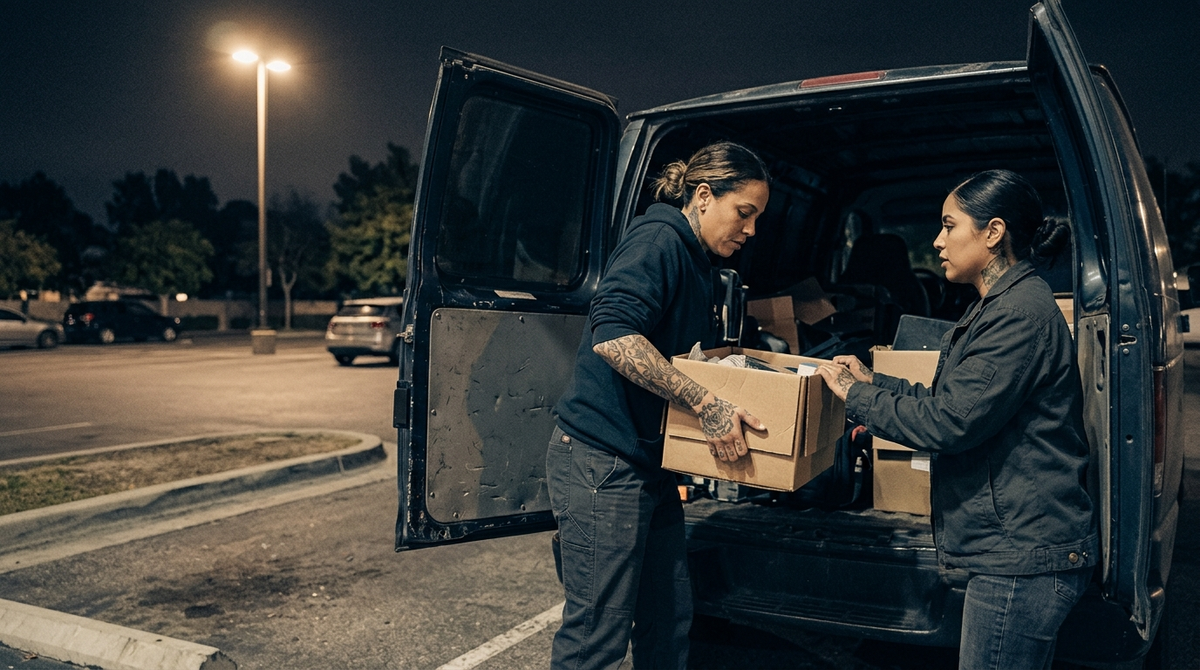 A woman loading a box of supplies into a van at night while another steadies the door